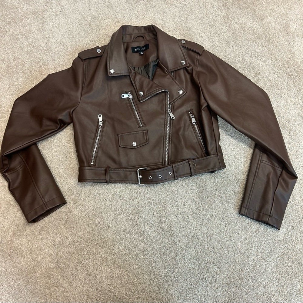 New Look dark chocolate Brown faux Leather Biker moto Jacket Sz L